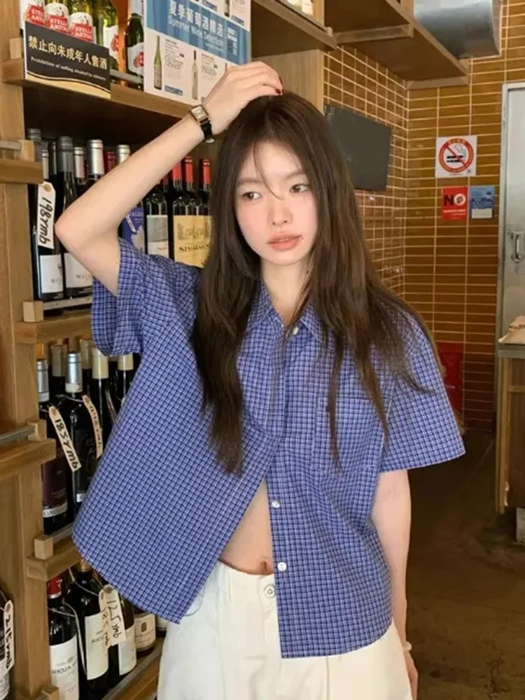 

Vintage Blue Plaid Shirt Women Summer New Streetwear Loose Blouse Japanese Retro Casual Pocket Female All Match Tops