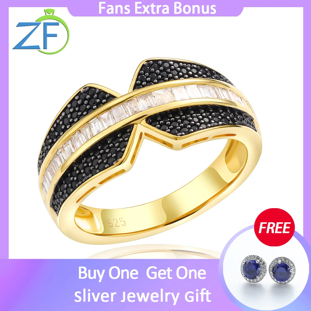 

GZ ZONGFA Pure 925 Sterling Silve Rings for Women Natural Diamond 0.5ct Black Spinel Gold Plated Anniversary Gift Fine Jewelry