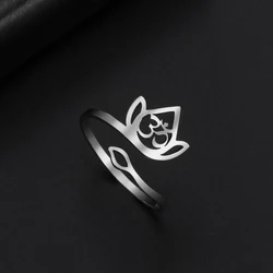 Lotus Flower Open Ring Stainless Steel Om Symbol Hollow Vintage Adjustable Ring Design Elegant Trendy Jewelry Gift for Women Men