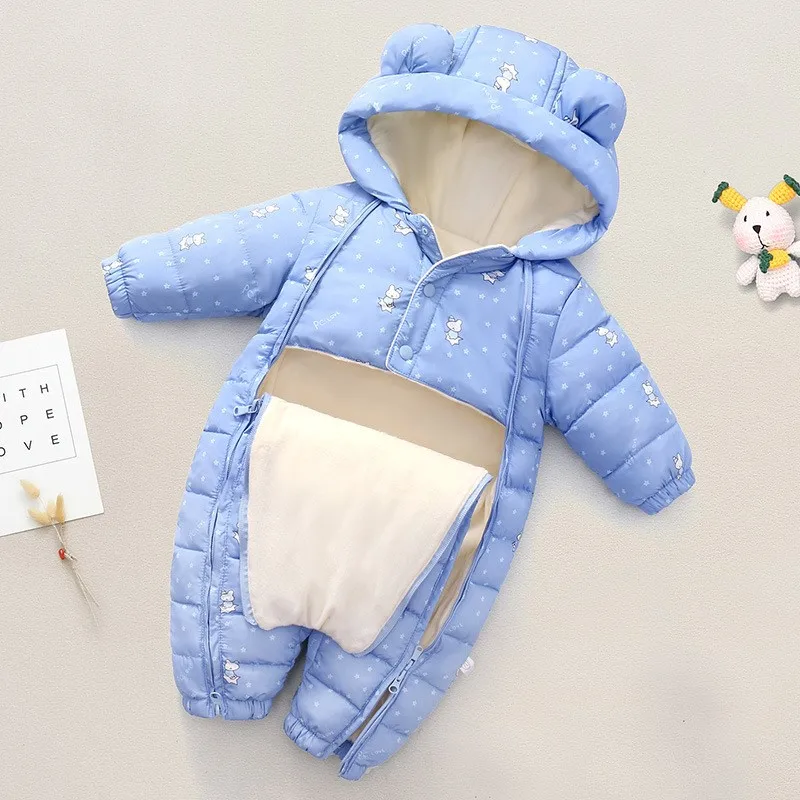 2024 Baby Boy Winter Snowsuit Printed Hooded Plus Velvet Warm Newborn Baby Girl Jumpsuit New born Infant Girl Overalls Romper