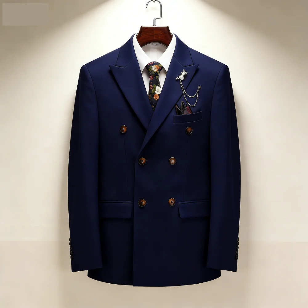 

Самый новейший мужской однотонный костюм-двойка с отложным воротником и двойными пуговицами для всех четырех сезонов, черный