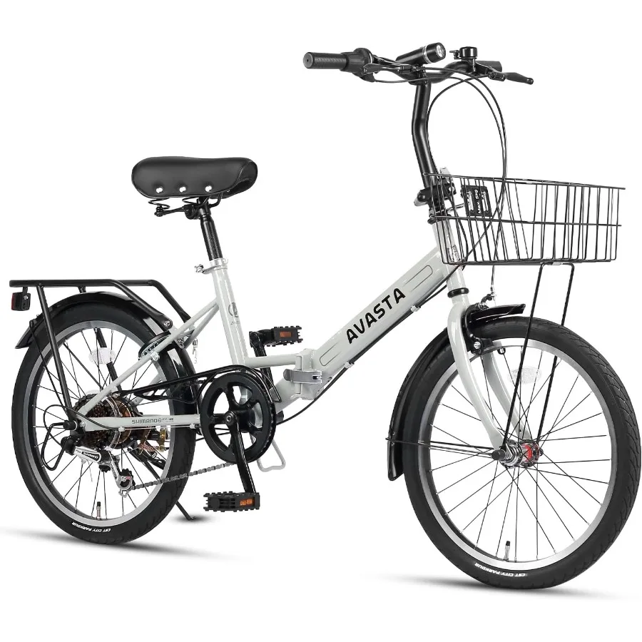 

20 Inch Folding Bike with 7-Speed Dual C-Brake Fender Rear Rack and Bicycle Basket for Urban Commuting Travel and Errands Multi