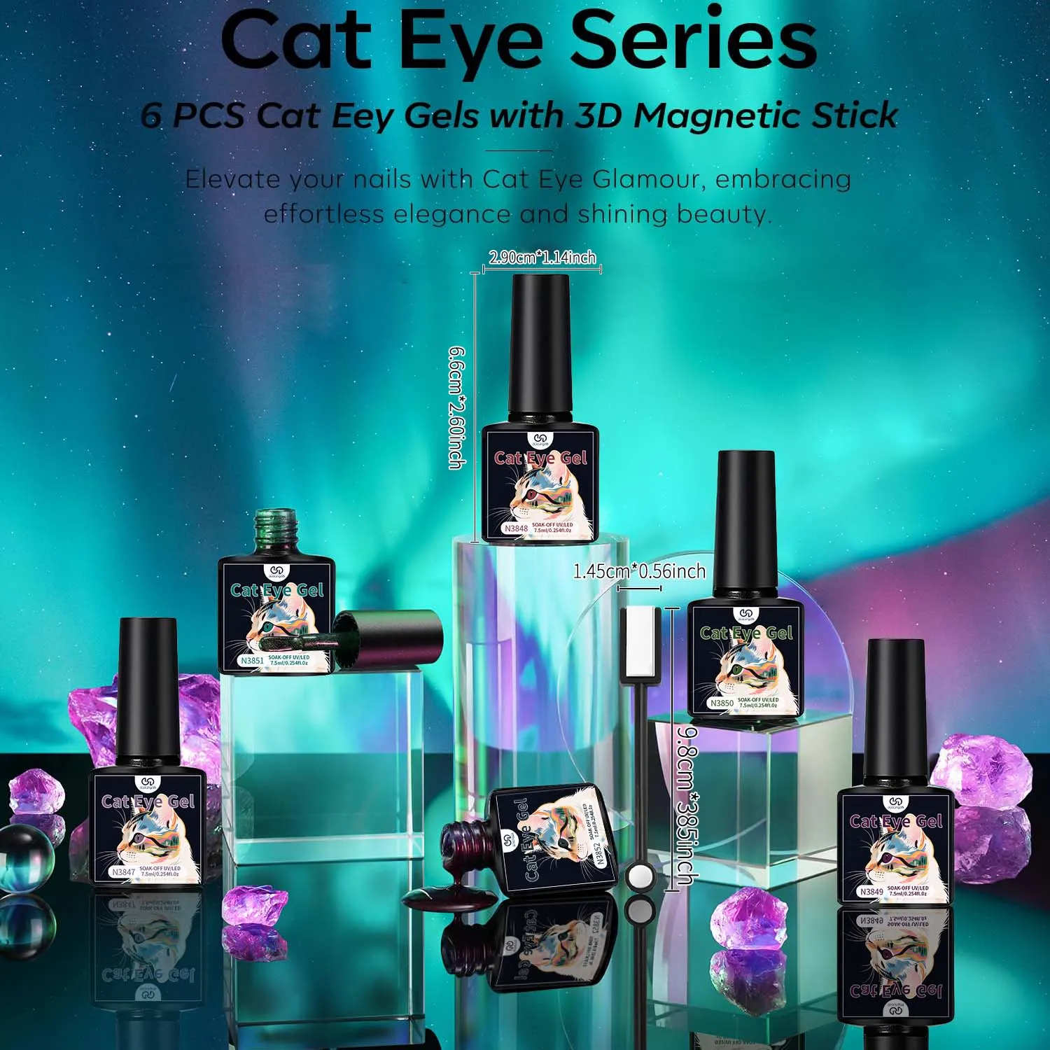 Cat Magnetic Eye Gel Nail Polish Glitter Auroras Magnetic Gel Polish Colorful Holographic Cat Magnetic Eye Nail Art Manicure DIY