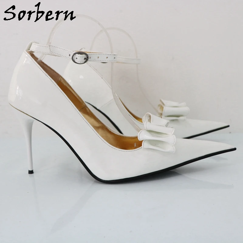 Sorbern sexy weiße Frauen Pump Schuhe Bowknot Knöchel riemen spitzen Zehen Metall Zigarette Ferse Pumps Sissy Boy Schuhe maßge schneiderte Farbe