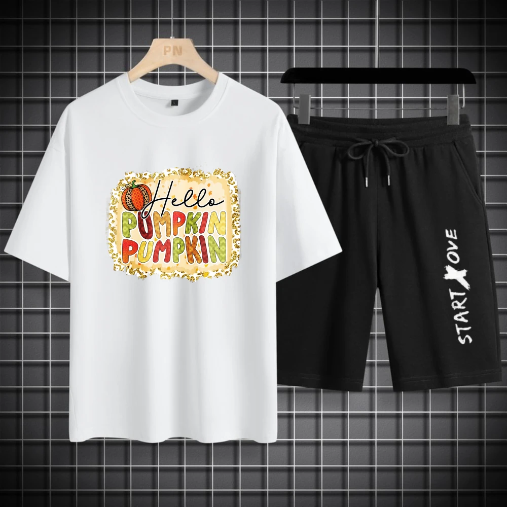Men's sets Summer Quick drying Hello Pumpkin printed Graphic T-shirts Suit sweatshirt set sets Tracksuits Short sleeve tee