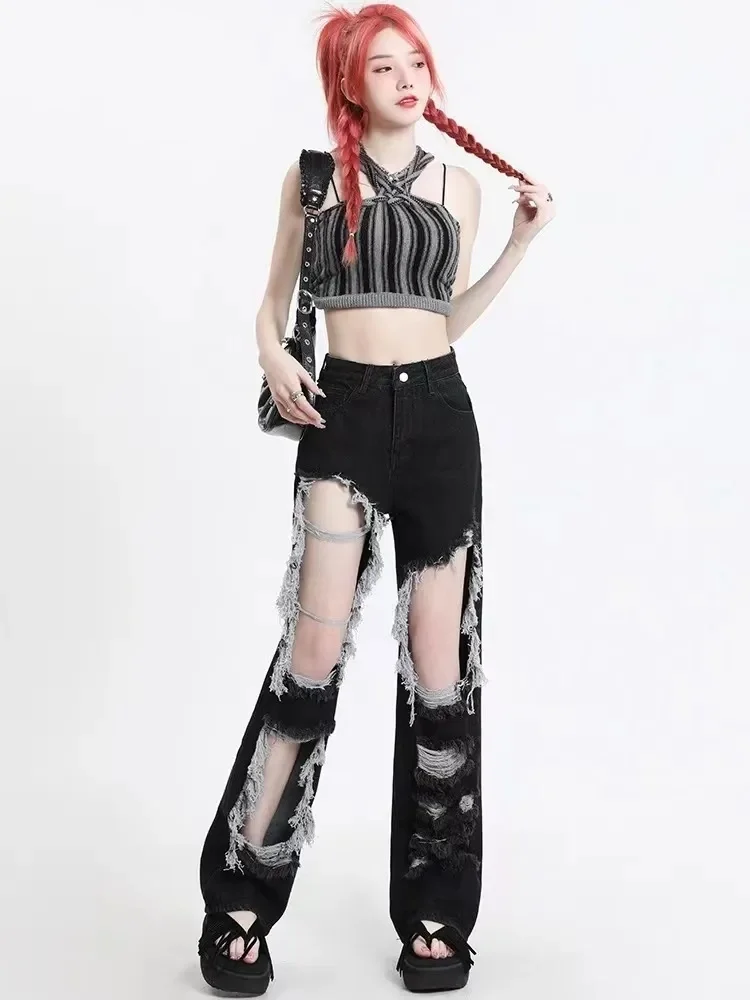 Gescheurde jeans Koreaanse kleding Vrouw Trekkoord Elastische taille Ontspannen losse pasvorm Dames Vrouwelijke broek Denim Mode Comfortabel