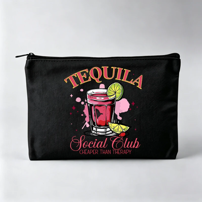 Women's Cocktail Graphic Makeup Bag with Typography Print, Casual Cosmetic Pouch for Daily Use