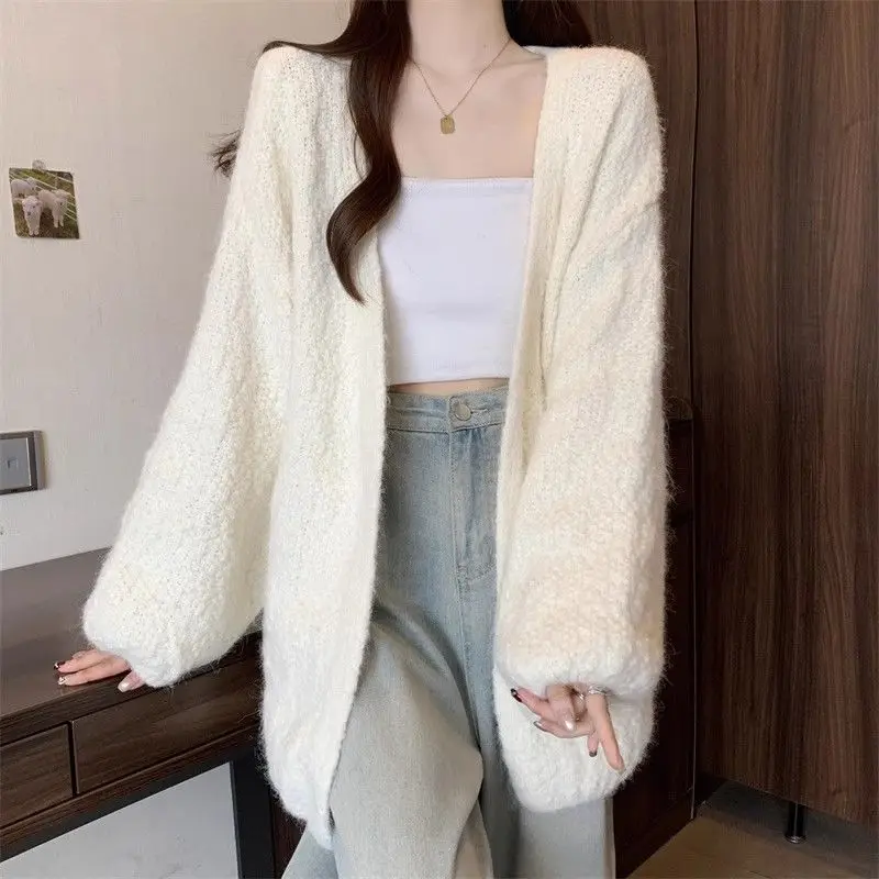 

High-End Apricot Soft And Glutinous Knitted Cardigan For Women'S Spring And Autumn Medium-Length Loose Sweater Jacket Top
