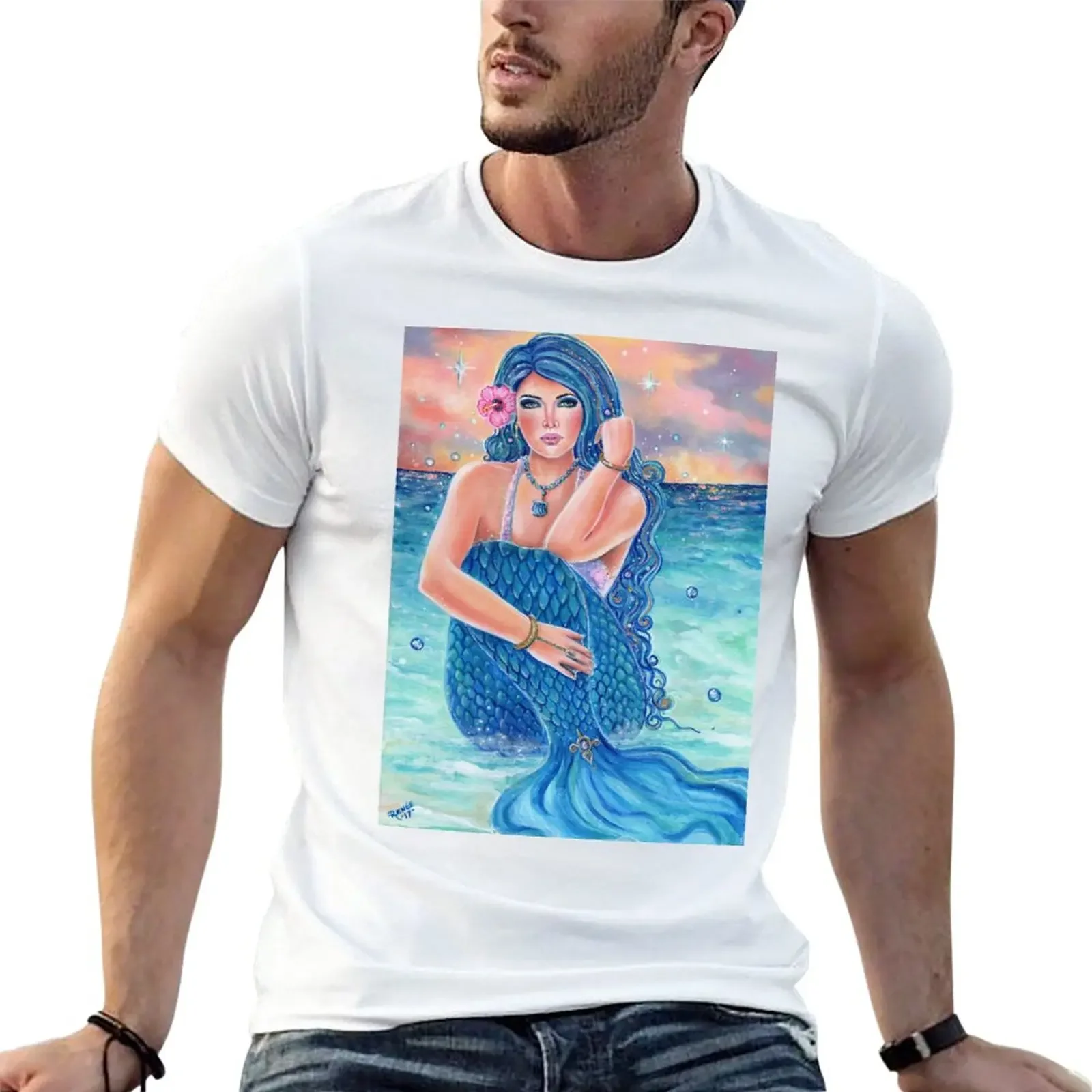 Melesandria tropical mermaid art by Renee L Lavoie T-Shirt boys whites blacks mens cotton t shirts