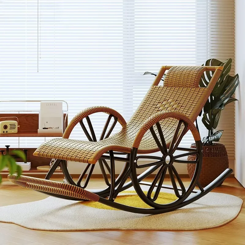Rattan Rocking Recliner Chair Adult Elderly Balcony Home Leisure Lounge Floor Chair with Ottoman Comfortable Reading