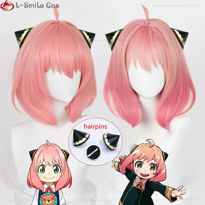 Peluca de Anime cos Anya Forger para mujer, pelo corto rosa, resistente al calor, sintético, fiesta de Halloween, pelucas lindas + gorro de peluca