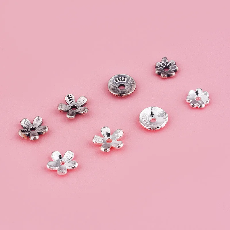 S925 sterling silver flower tray bracelet DIY handcrafted beaded gasket flower cap and loose beaded tray