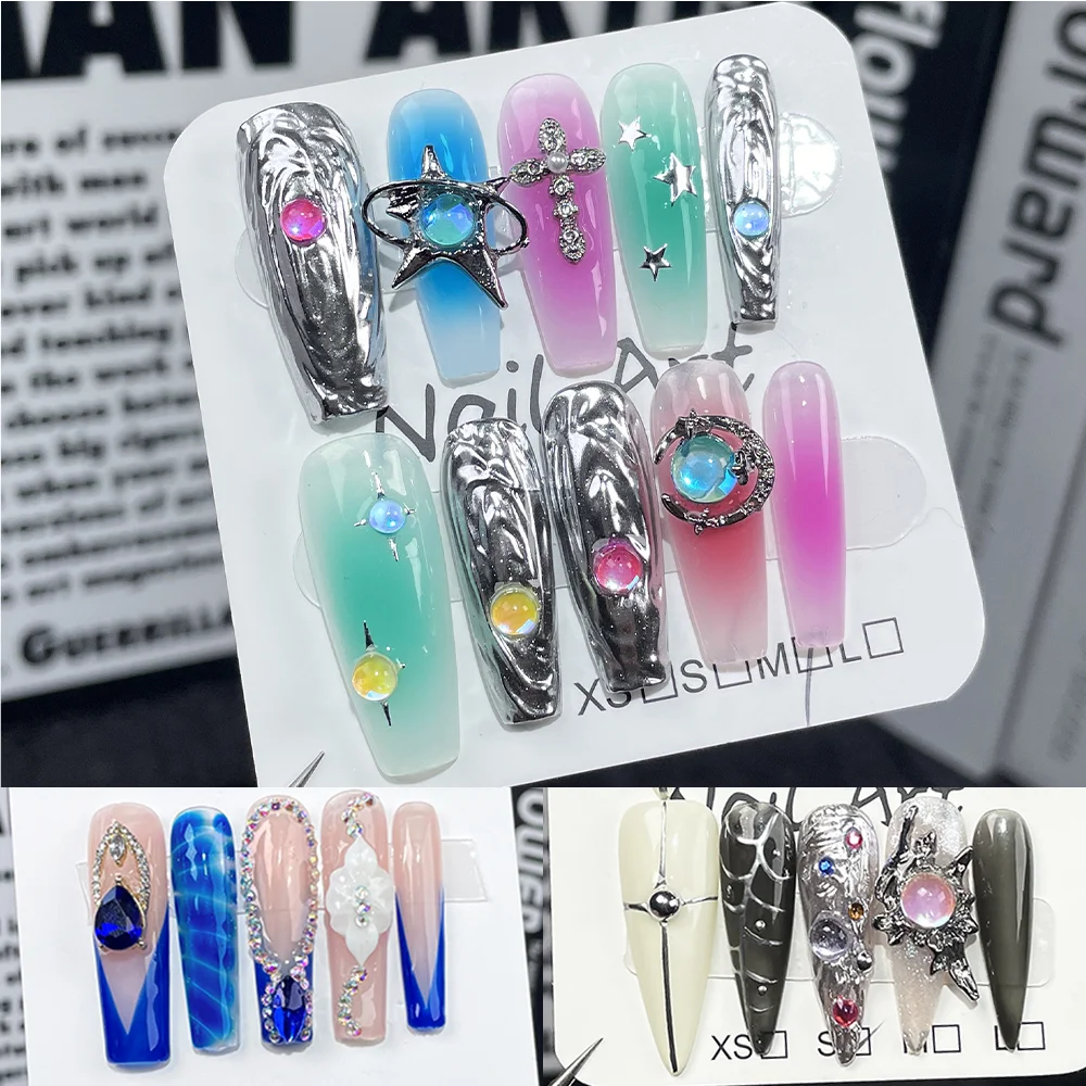 Y2k legal tempero meninas preto rosa ponta longa 10 pçs imprensa artesanal em unhas cruz aranha diamante falso prego duckbilled arte do prego francês