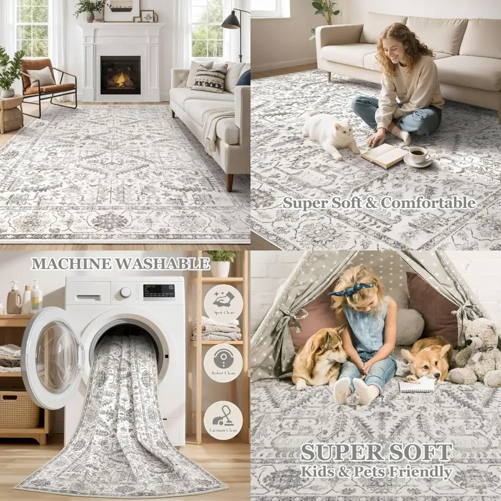 Washable Soft Vintage 9x12 Area Rugs for Living Room - Large Non-Slip, Stain Resistant Traditional Indoor Floor Covering