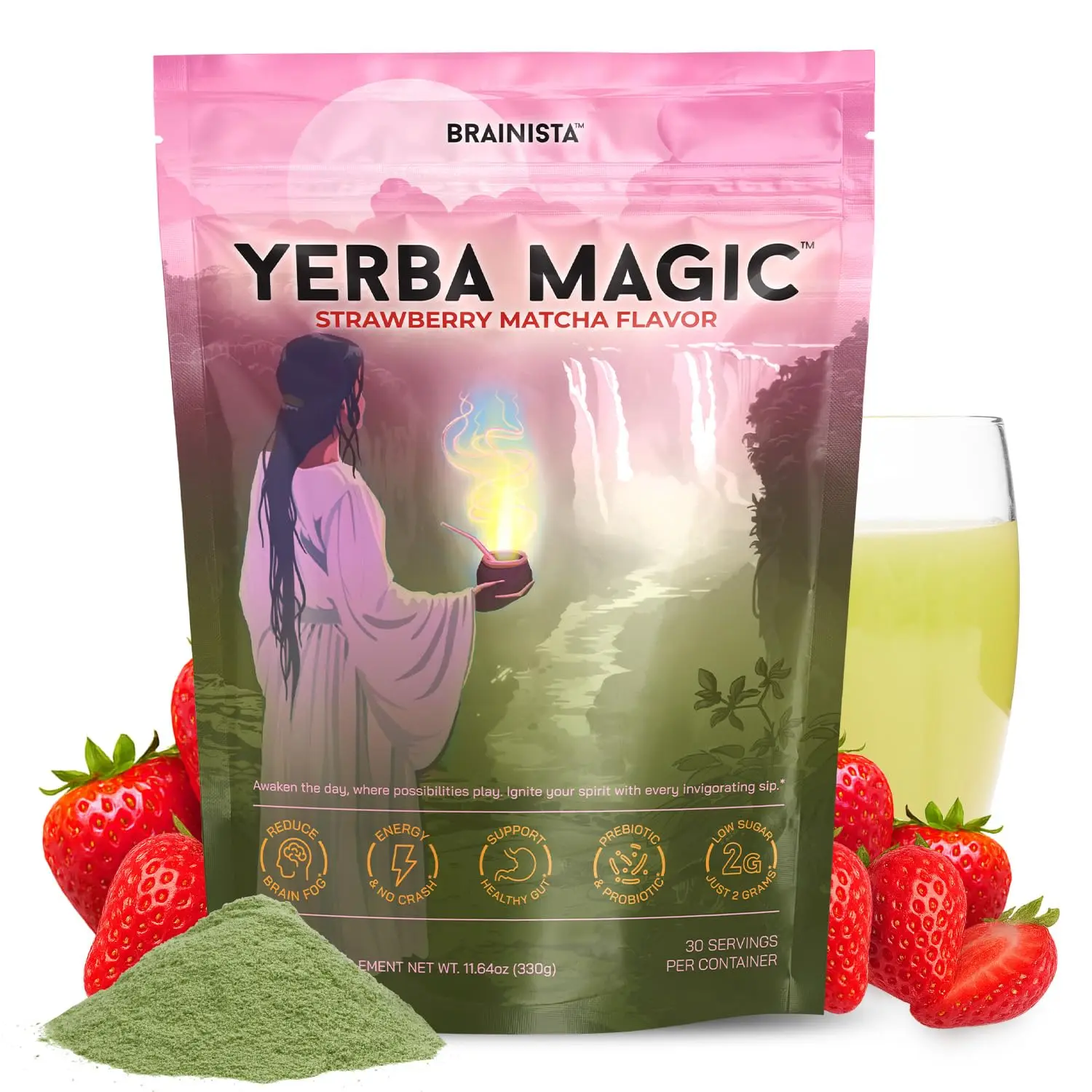 Té de Yerba Mate, Yerba Magic 5 en 1, Mezcla de Bebida Nootrópica con Melena de León, Prebióticos, Probióticos, L-Teanina, Extracto de Cafeína Vegetal, Salud Intestinal, Bebida Energética en Polvo, Sabor Fresa Matcha, 30 Porciones