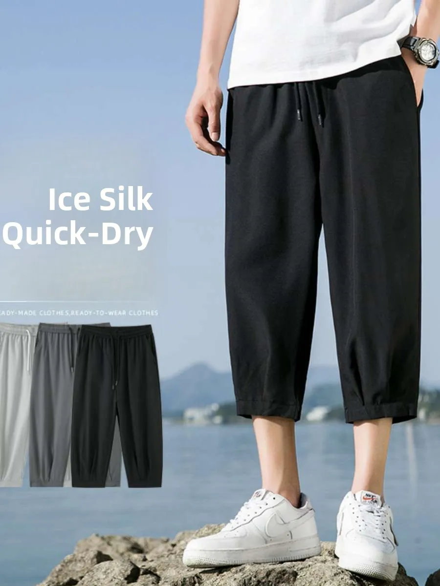 

Мужские спортивные тонкие брюки из ледяного шелка, свободные прямые шорты, летние шорты больших размеров, модные брюки-капри, повседневные брюки