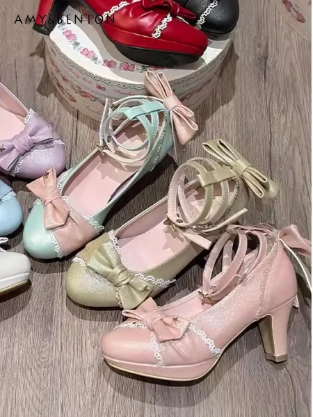 

Original Pointed Waterproof Table High Heels Retro Sweet Lolita Princess Mary Jane Shoes Women Bow Thick Heel Platform Shoes