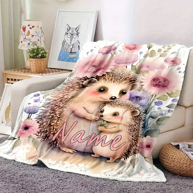 Customizable anime hedgehog mother and son fleece blanket, modern style,digital printing,suitable for all seasons, soft and warm