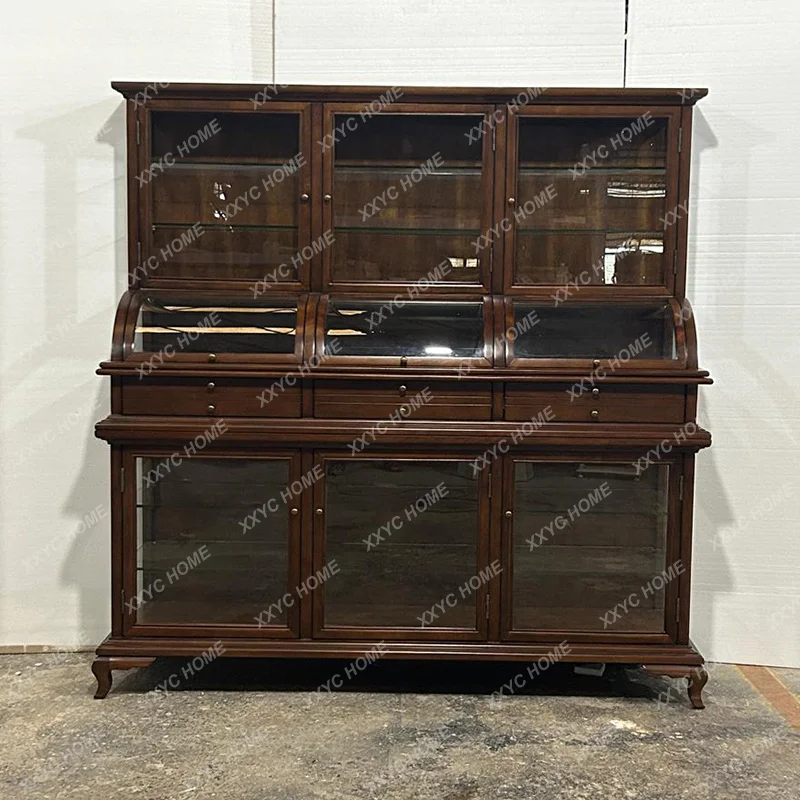 XX British Retro Solid Wood Jewelry Display Cabinet Antique Jade Transparent Display Jewelry Curved Glass High Cabinet