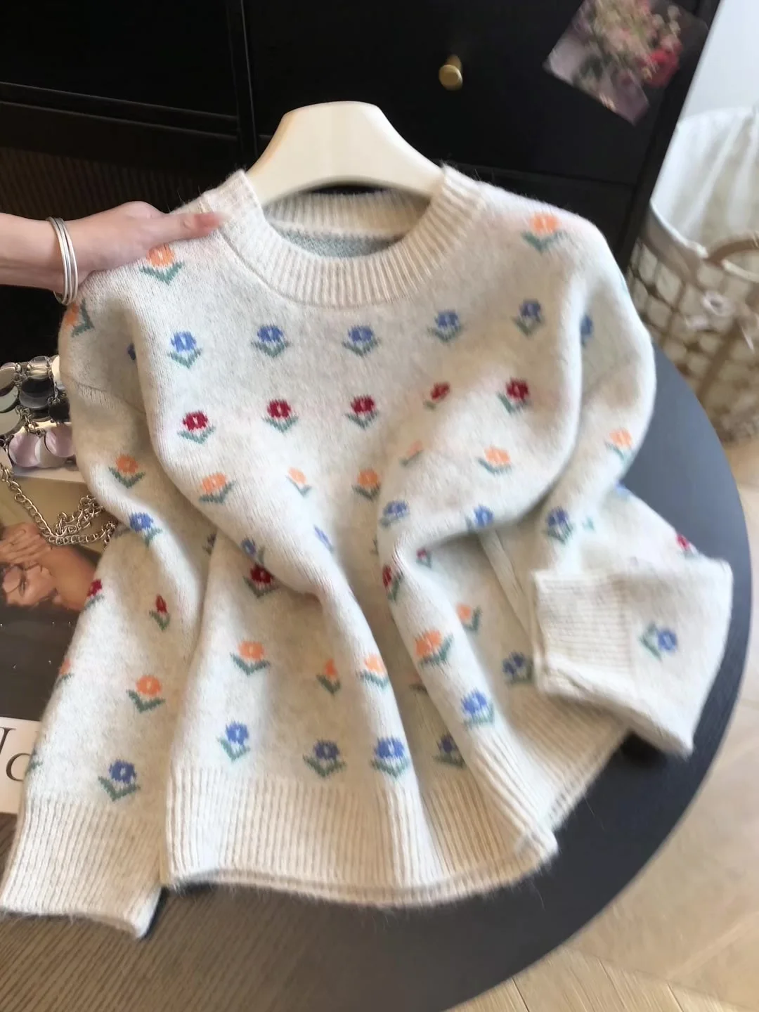 Women's O-Neck Pattern Pullover Knitwear Long Sleeve Checked Christmas Sweater Harajuku Vintage 2000s Sweater Clothes Autumn