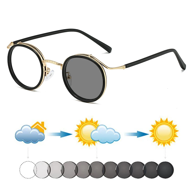 

Fashion Trend Metal Round Men Literary Photochromic Reading Sunglasses Women Retro Hyperopia Shades Spectacles Dark Sun Glasses