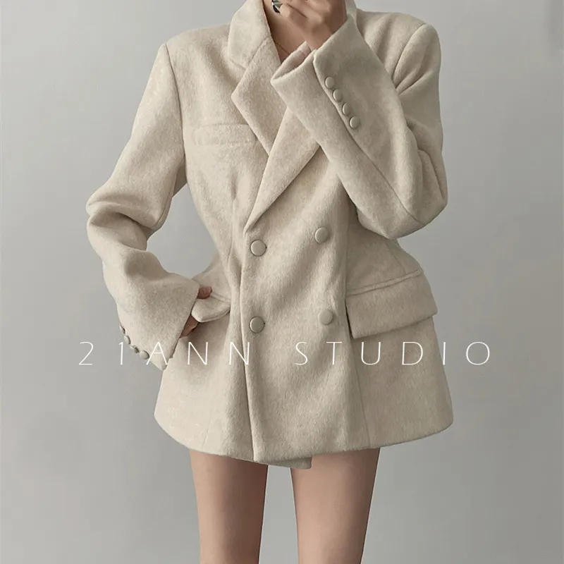 Waist hugging woolen blazer women's beige fashion slimming woolen suit jacket