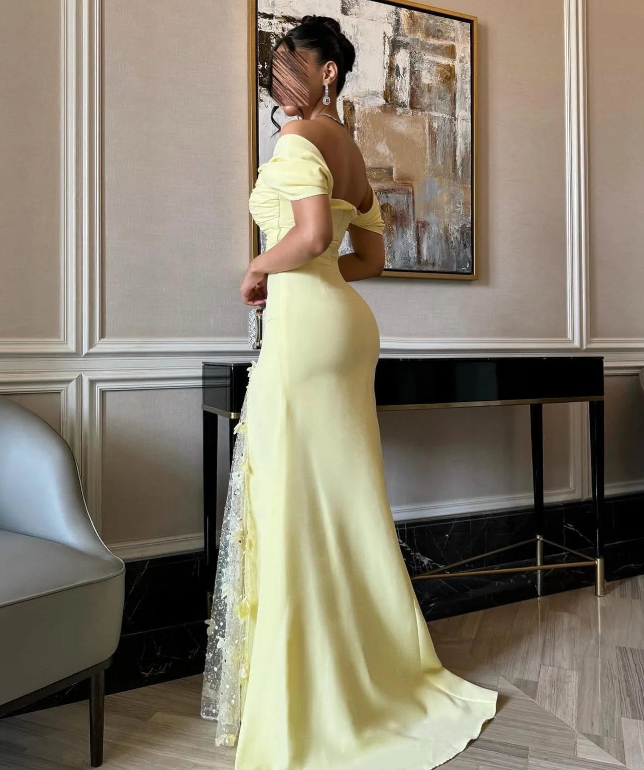 Customized Saudi Elegant Yellow Prom Gown Women's Floral Lace Evening Dress Floor Length Off Shoulder Formal Occasion Dresses