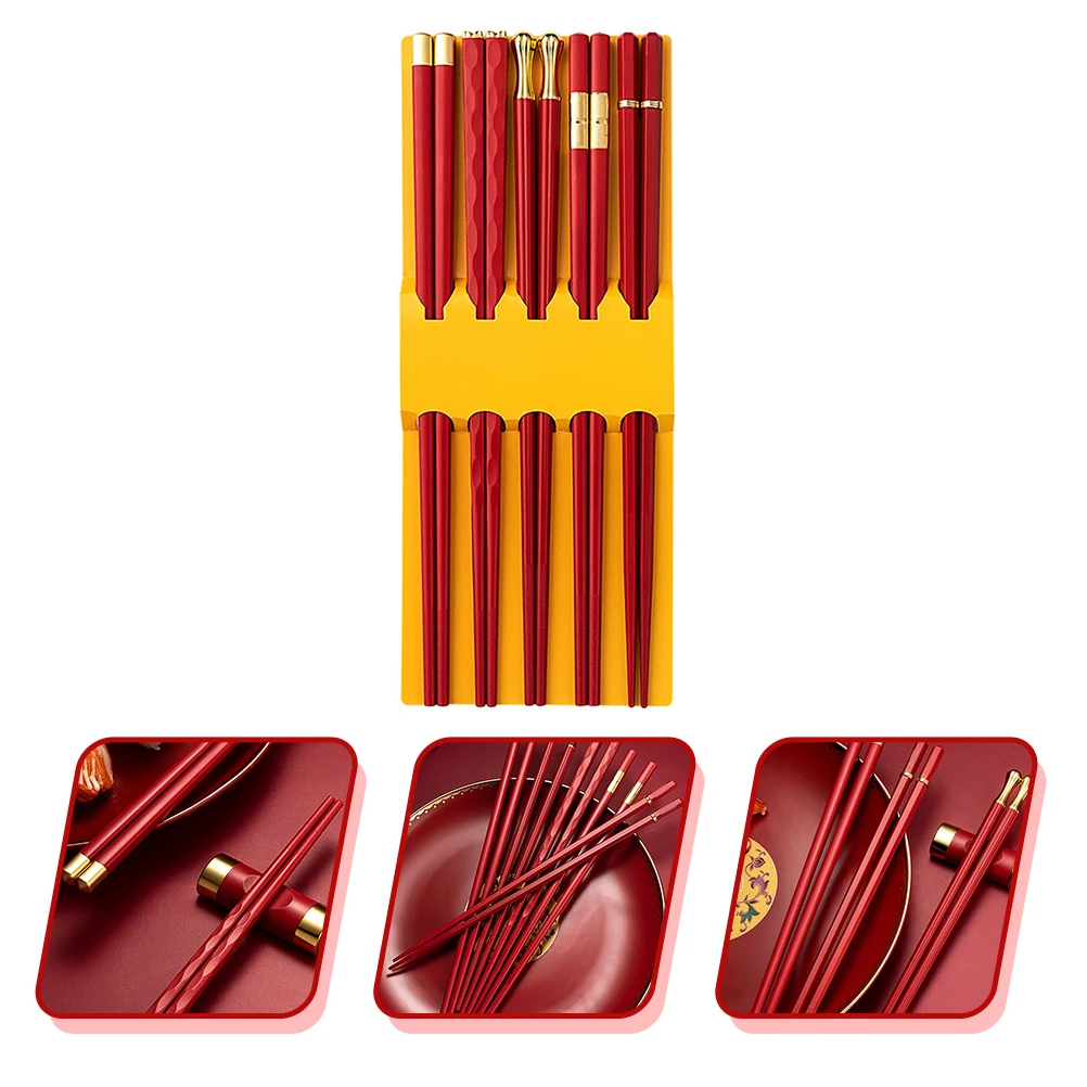 

5 Pairs Red Festive Chopsticks Reusable Home Utensils Safe Eco Friendly Non Slip PET Glass Fiber Kitchen Party Gifts Storage