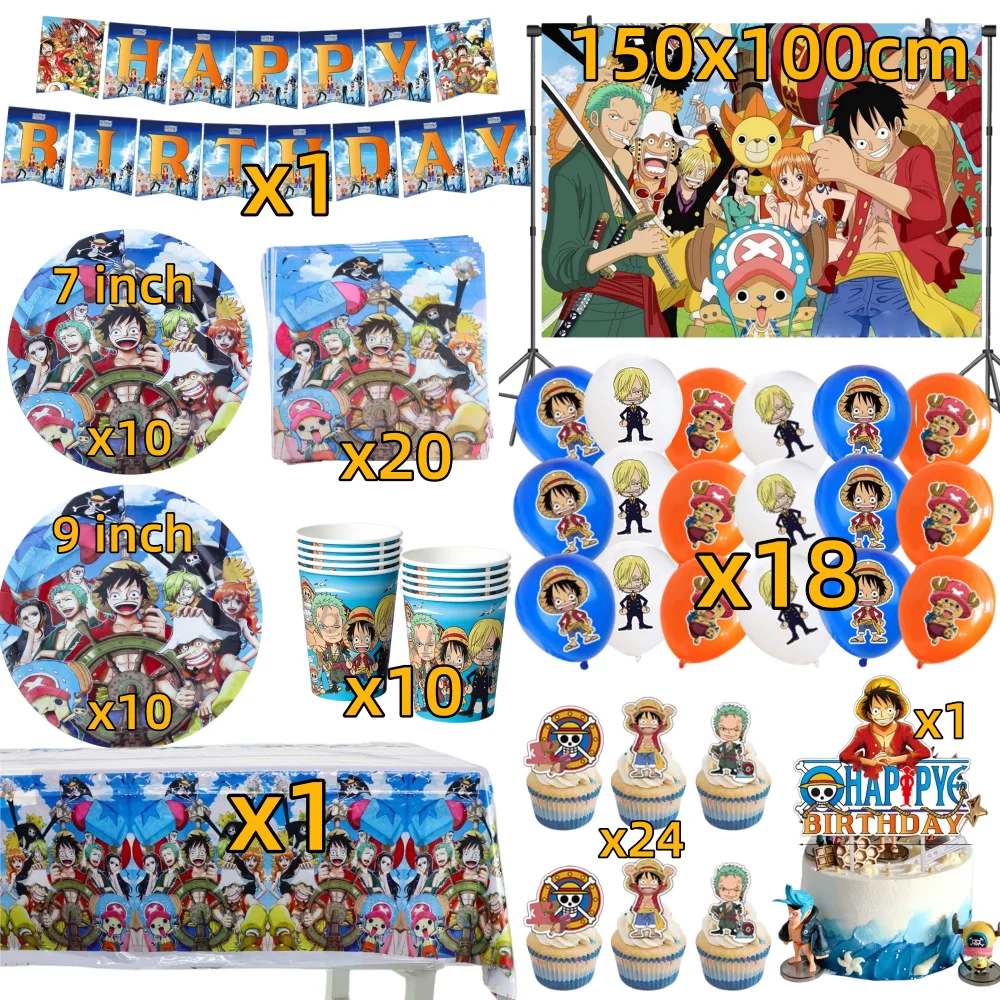 Kit de Fiesta de Cumpleaños de One Piece, Platos, Pancarta, Globos, Decoración para Pastel, Recuerdos de Fiesta, Accesorios Temáticos, Regalos
