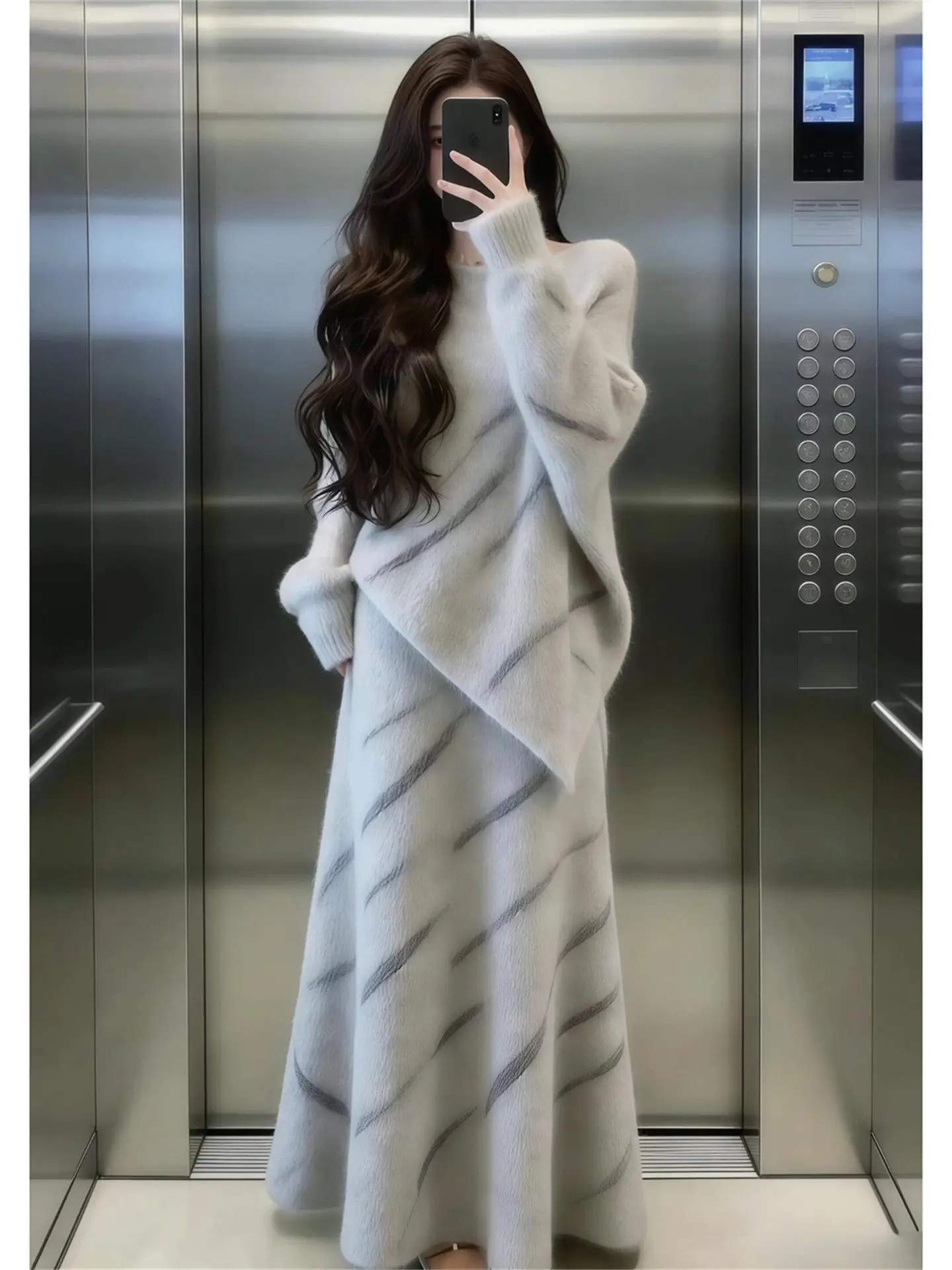 

Chic Korean Sle Knitted Sweater And Skirt Set for Women Warm Casual Spring Faion plus Size High Waist Slimming