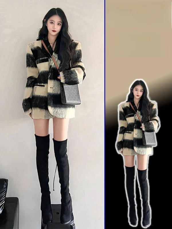 

Шерстяное пальто большого размера, мягкое, в клетку, средней длины, женская верхняя одежда, весна-осень, новая модель, приталенный крой