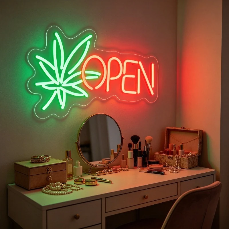 Leaf OPEN LED Neon Sign USB Dimmable Wall Light for Men Cave Club Weed Shop Cafe Bar Tattoo Studio Modern Retail Store Decor