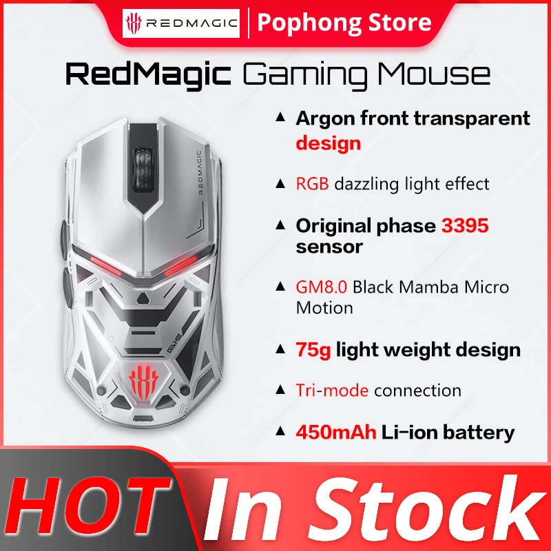 

Redmagic Gaming Mouse PixArt PAW3395 Sensor Tri-mode Connectivity 450mAh Battery life 75g weight Design
