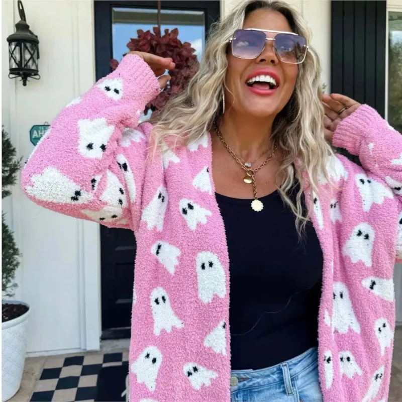 ハロウィンクリスマスゴーストパターンニットカーディガン女性の秋冬の新ファッション長袖ルーズセータージャケット女性のための