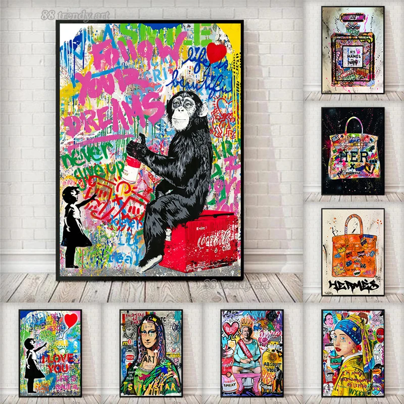 

Trendy Street Art Posters Monkeys England Queen Mona Lisa Perfume Luxury Bags Canvas Painting Banksy Artwork Pictures Home Decor