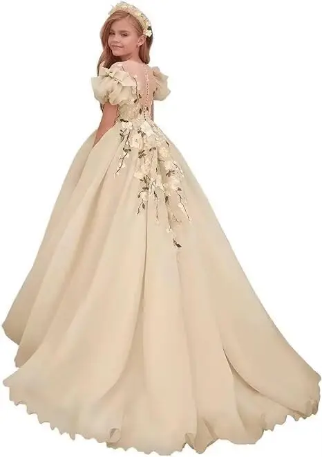 チュールフラワーガールドレス結婚式女の子初聖体拝領ドレスパフスリーブボールガウン女の子ドレスパーティーや結婚式用