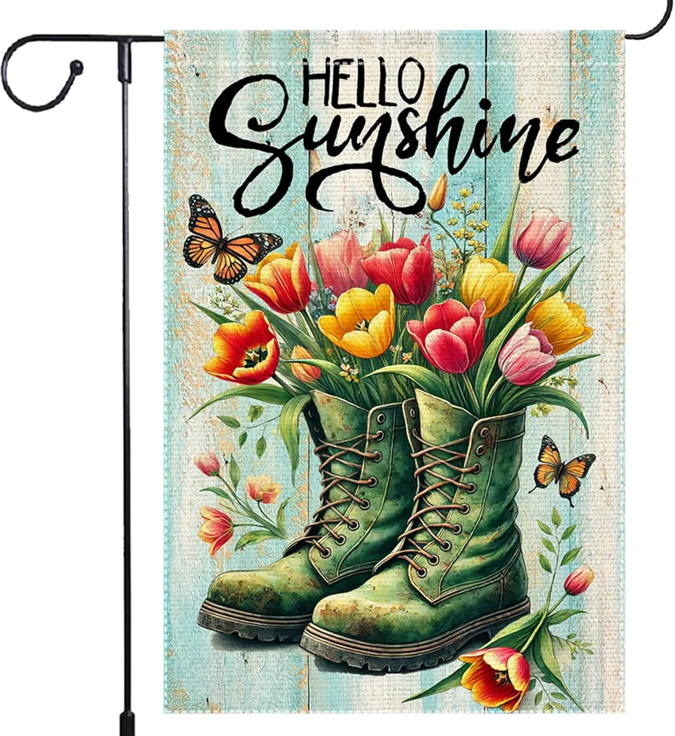 Hello Tulip Garden Flag Flowers Butterfly Boots Sunflowers Garden Flags 12x18 Inch Double Sided Small Burlap Home Outdoor Ya SSL