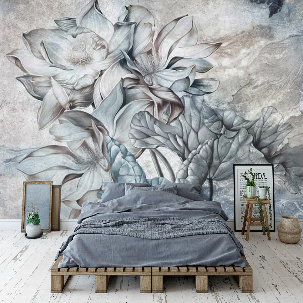 

Custom 3D Self-adhesive Mural Retro Hand Painted Lotus Decoration Background Wallpaper