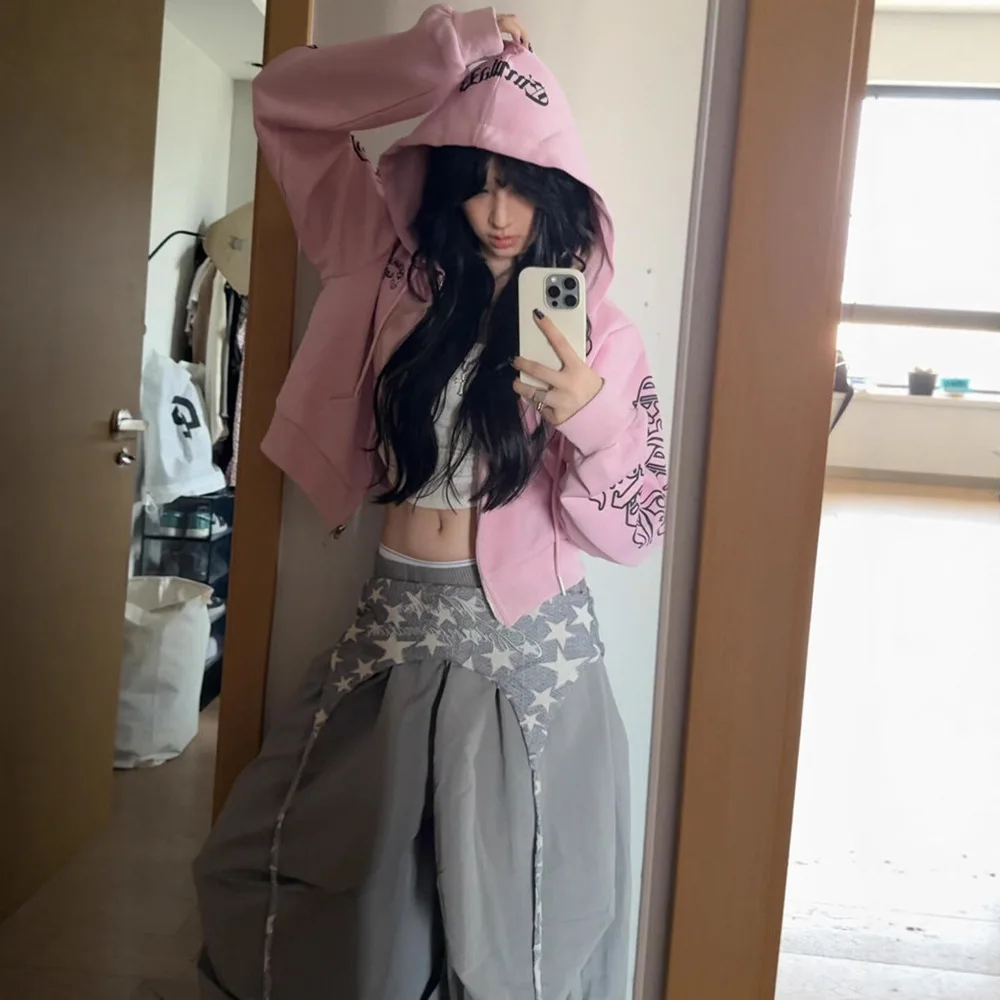 

2025 Autumn Women's Hoodies Retro Vibe Punk Gothic Sweatshirt Cardigan Letter Print Crop Top Cotton Long Sleeve Y2K Casual Top