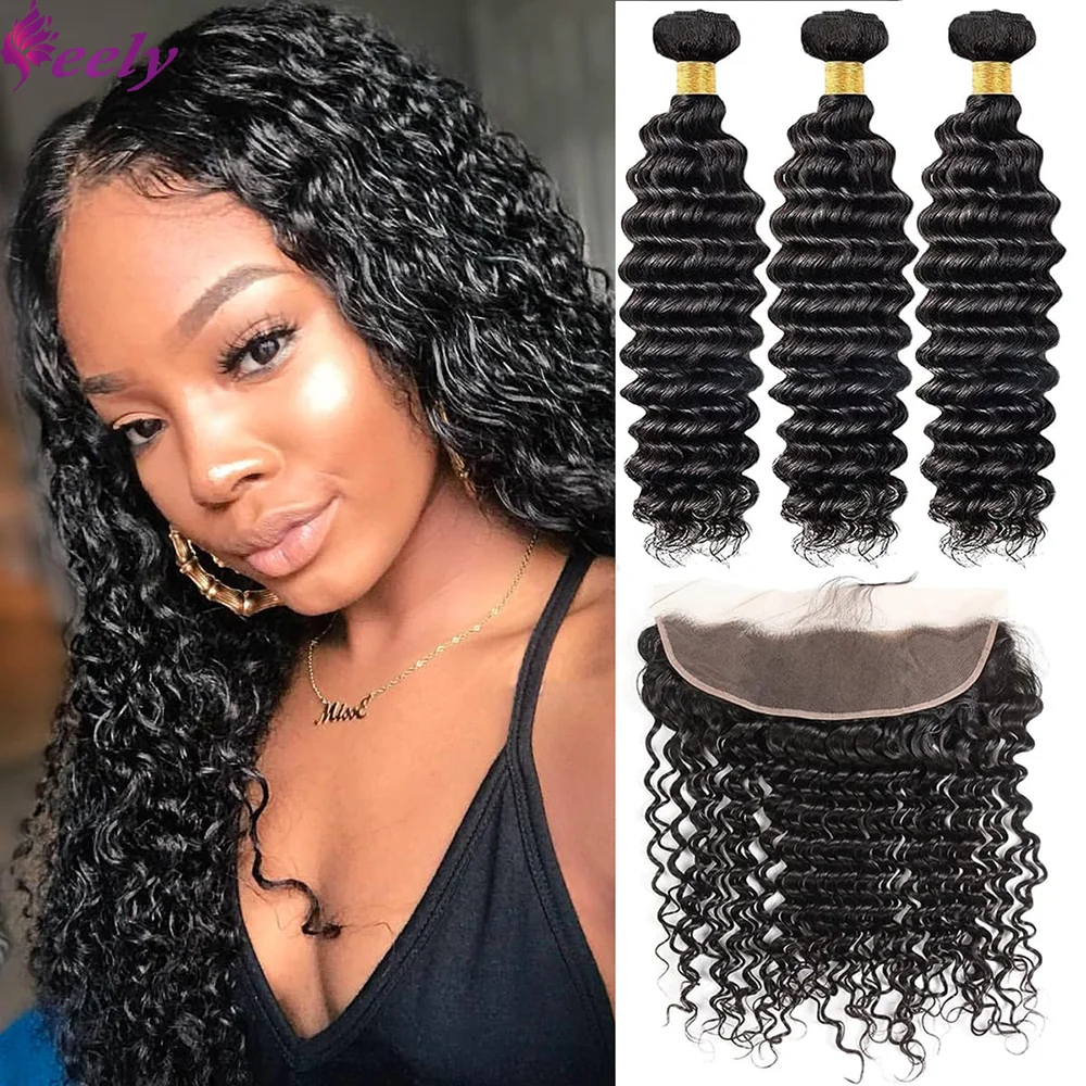 Menselijk Haar Bundels Met Sluiting Diepe Golf 13X4 Lace Frontale Verlenging 30 Inch Voor Vrouwen 3 Bundels Hair Weave Tissage Humain Hair