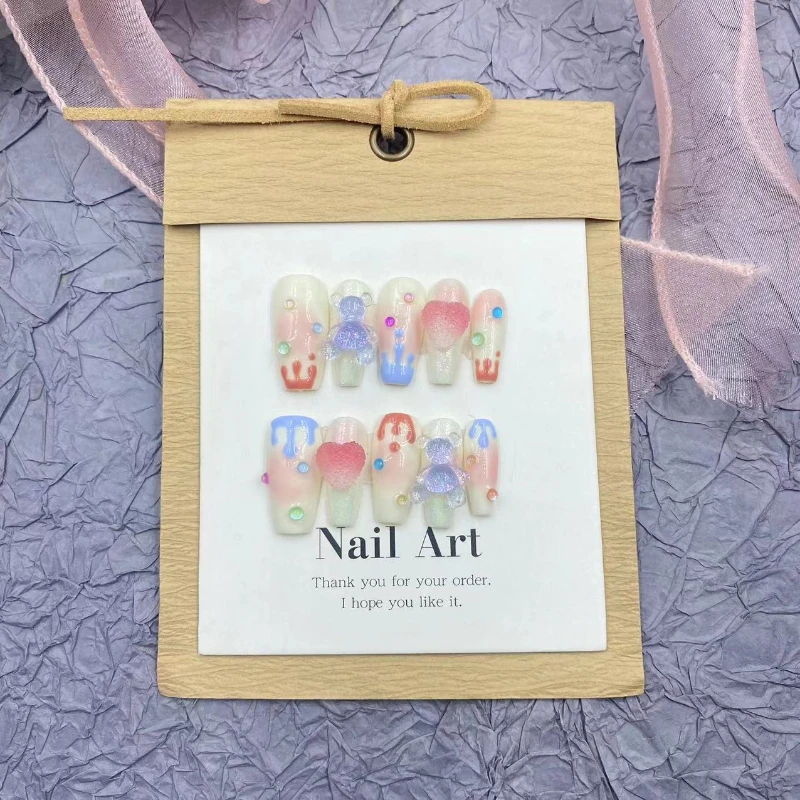 10Pcs Handmade cartoon y2k press on nails Cute little bear dopamine Playful fake nails Design with Adhesive Nail File Set