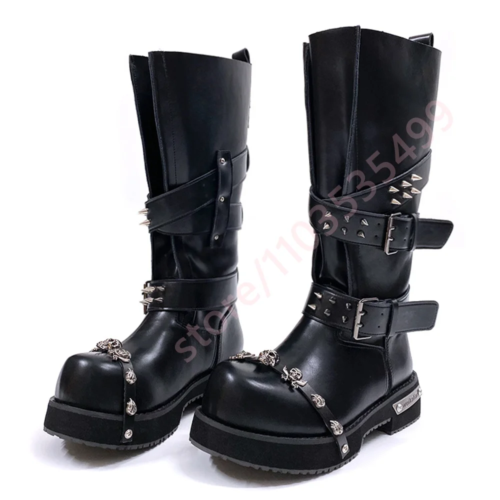 Thick Sole Rivets Y2K Punk Motorcycle Boots 2026 New Round Street Rock Rider Boots Black Fashion Women's Casual Belt Buckle Boot