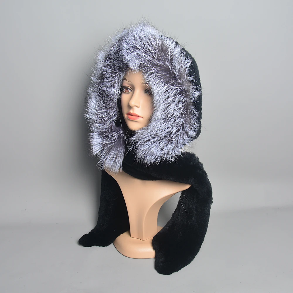 Luxury Women New Knit Real Rex Rabbit Fur Hat Hooded Scarf Winter Warm Lady Real Fox Fur Cap Natural Fur Hat With Neck Scarves