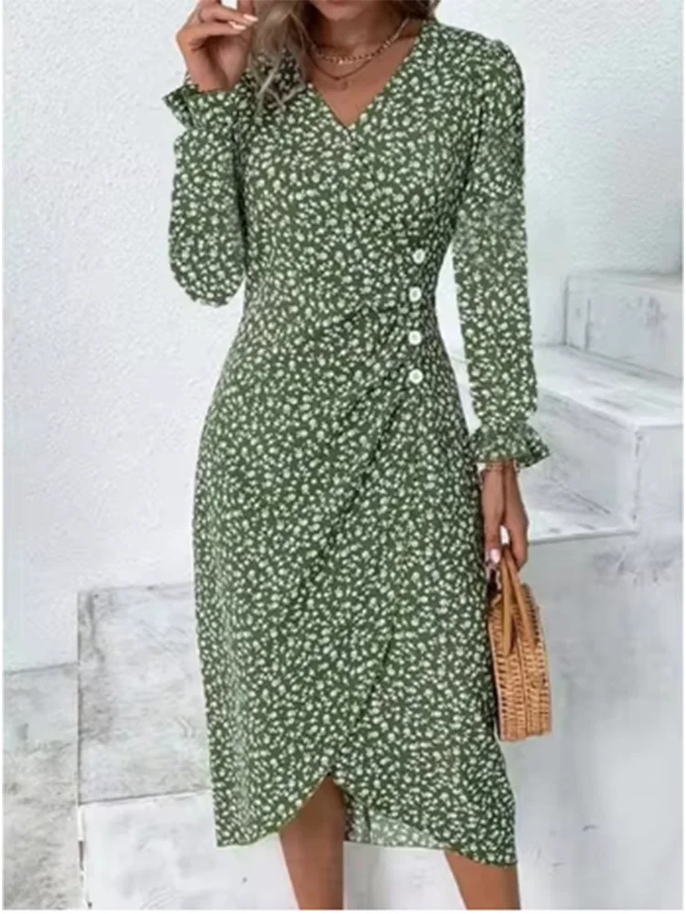 فستان نسائي بأكمام طويلة برقبة حرف V ، مزاجه أنيق ، أحادي اللون ، طباعة بأزرار ، شارع ، متعدد الاستخدامات ، مناسب للجسم ، الربيع ، الخريف #4