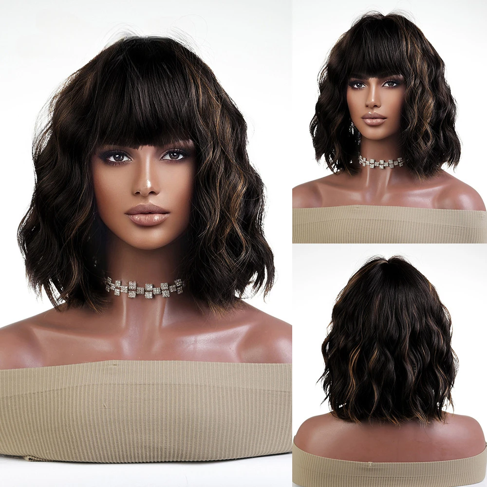 Black Wig with Bangs Natural Wigs for Women Short Wavy Synthetic Daily Party Heat Resistant Hair