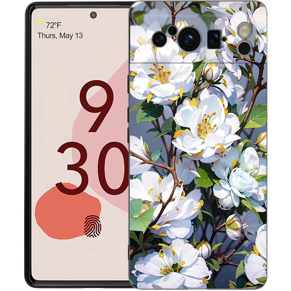 Phone Case For Google Pixel 8 7 6 Pro 8A 7A 6A TPU Shell Soft Silicone Shockproof Black Cover Cherry Blossom Tree