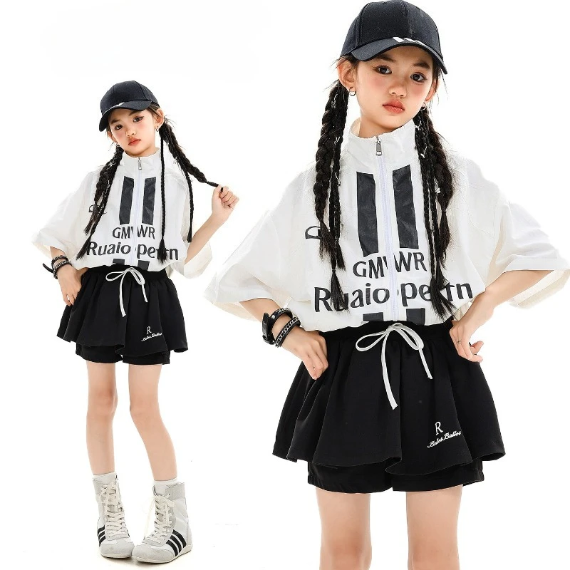 

Girls Jazz Dance Costumes White Top Black Shorts Street Dance Clothes Ballroom Hip Hop Dancing Clothes Group Stage Wear Outfits