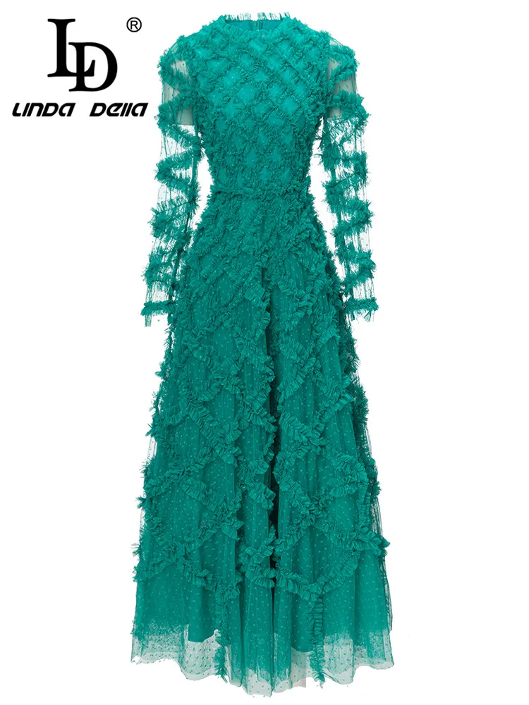 LD LINDA DELLA New Style Elegant and Pretty Dress Women Round Neck Ruffled Tartan High Waist Dot Lace Splice Slim Fit Long Dress