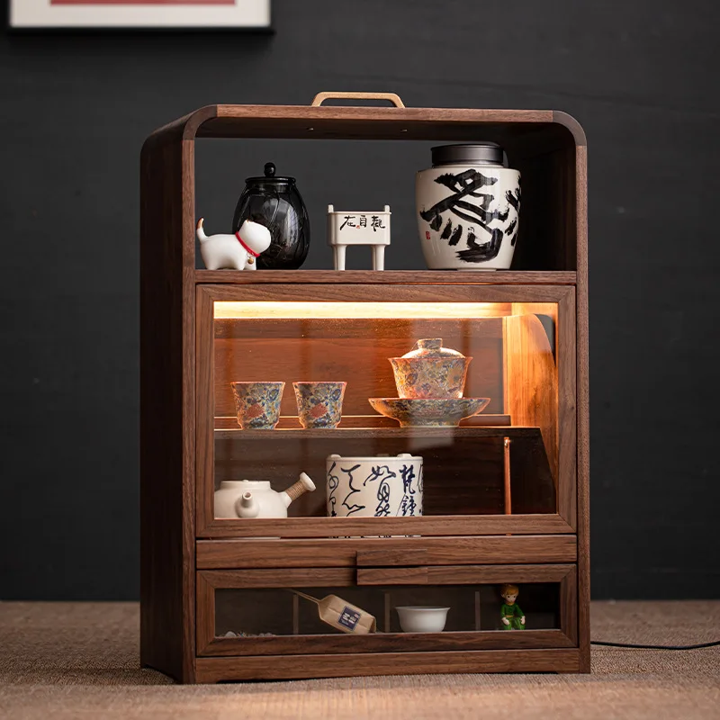 

Walnut tea set rack household dust locker tea room ornament multi-functional desktop storage