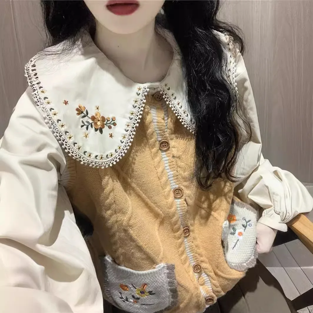 Women Shirt Korean Fashion Peter Pan Collar All-match Sweet Embroidery Streetwear Kawaii Spring Ins Casual Popular Y2k Mujer